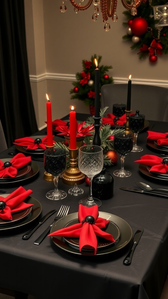 Elegant Black and Red Christmas Table Decorations Elegant black and red Christmas table setting with candles and ornaments.